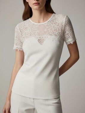 H&M White Lace-Yoke Short Sleeve Top
